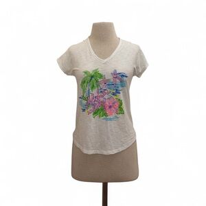 Lilly Pulitzer RARE White “Lilly Loves Hawaii” Graphic Colie V Top Size XXS/XS